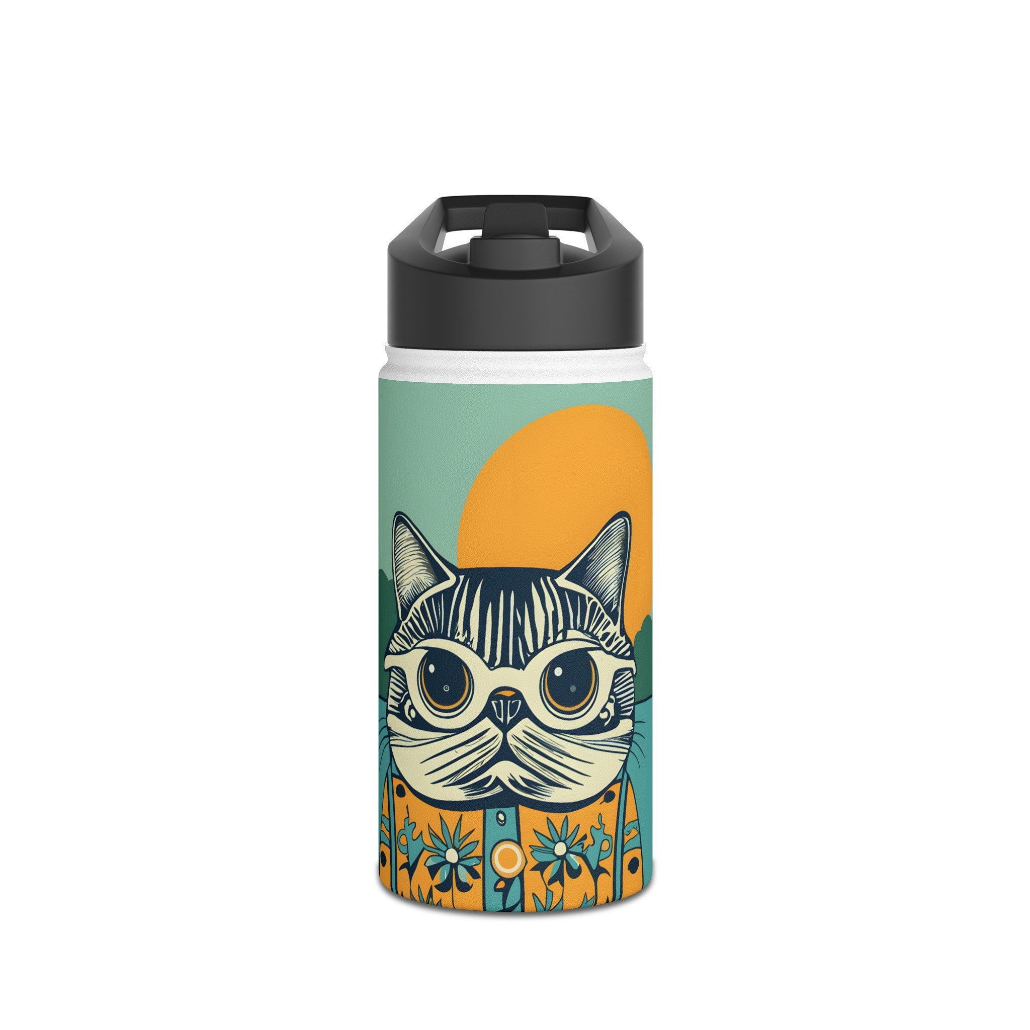 Striped Retro Cat Stainless Steel Water Bottle, Standard Lid