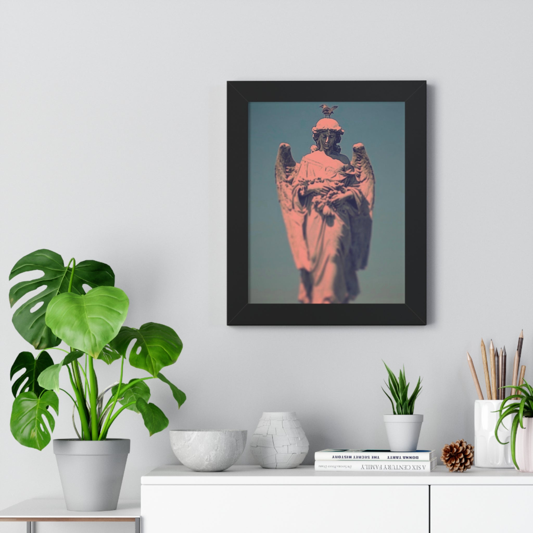 Framed Angel Statue Vertical Poster by Jo Bird